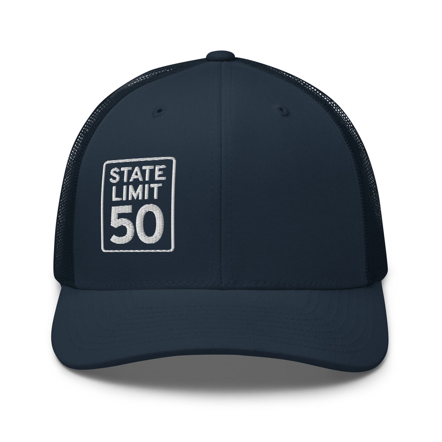 Navy blue retro trucker hat embroidered with a 'State Line | 50 is Just Fine' road sign graphic by State Limit Apparel.