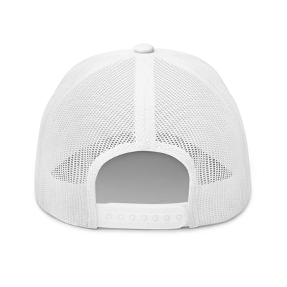 Back view of a white retro trucker hat by State Limit Apparel showing the back mesh & adjustable plastic snap closure.
