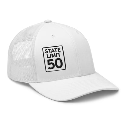White retro trucker hat embroidered with a 'State Line | 50 is Just Fine' road sign graphic by State Limit Apparel.