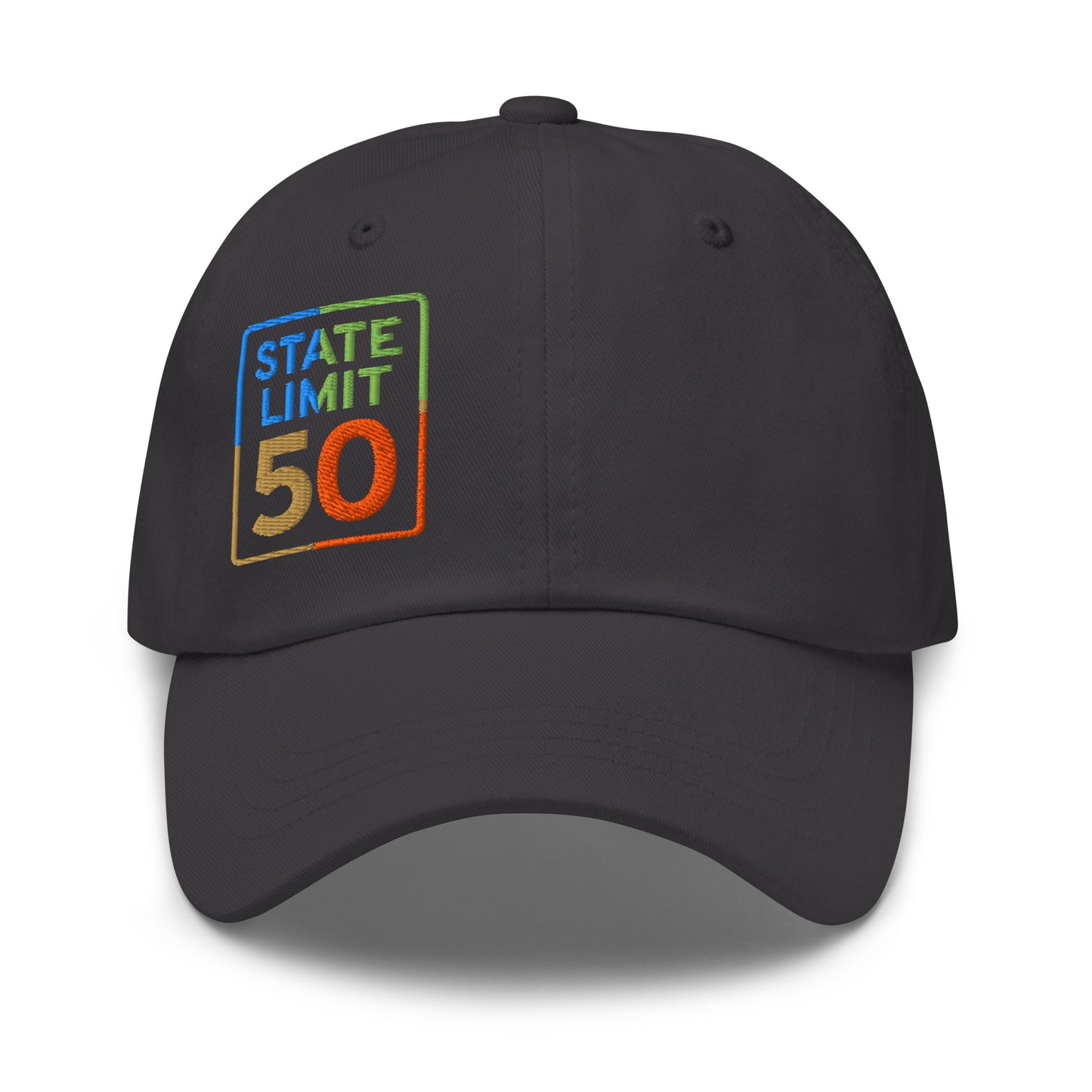 Dark grey classic dad hat embroidered with a 'True Colours | Canadian Pride' graphic by State Limit Apparel.