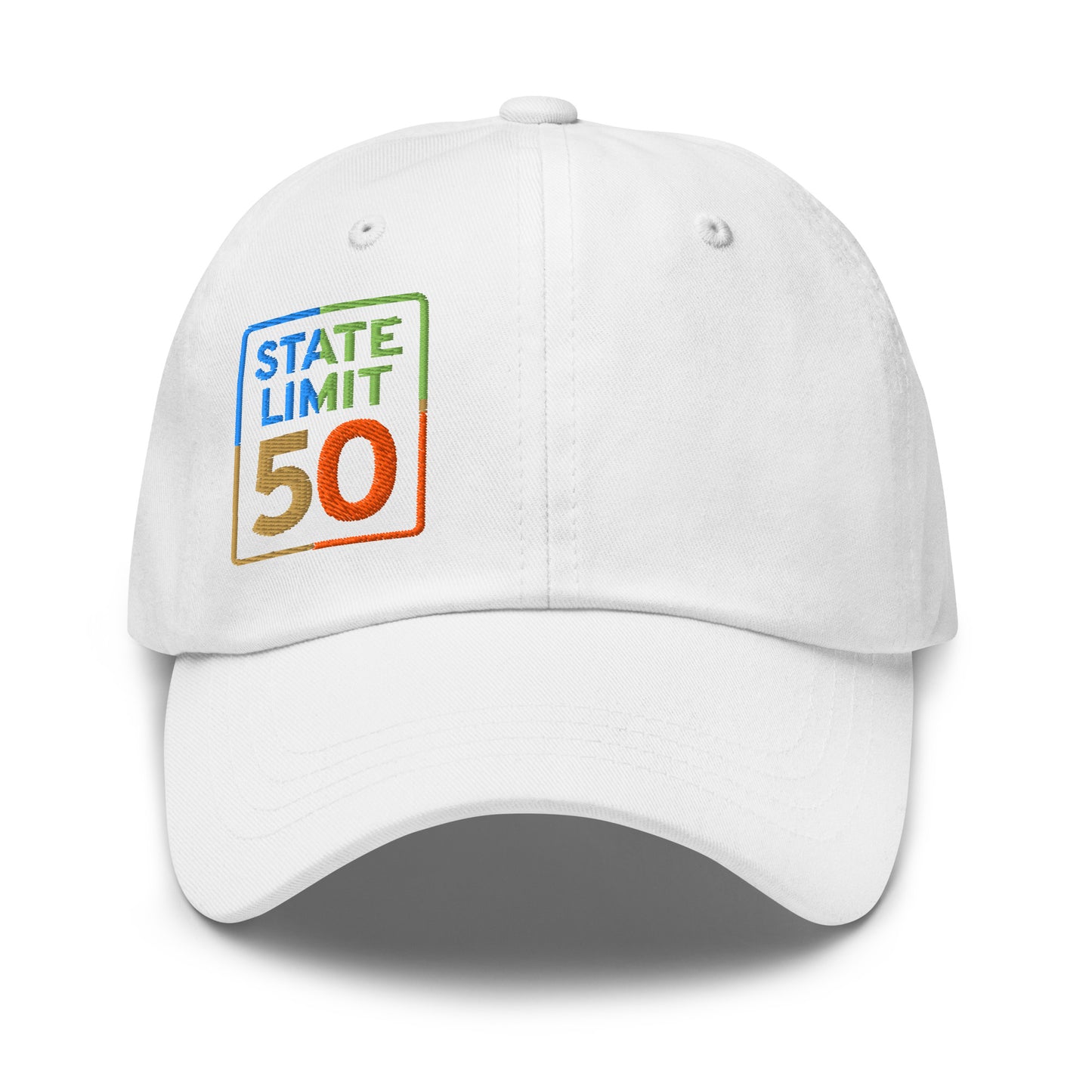 White classic dad hat embroidered with a 'True Colours | Canadian Pride' graphic by State Limit Apparel.