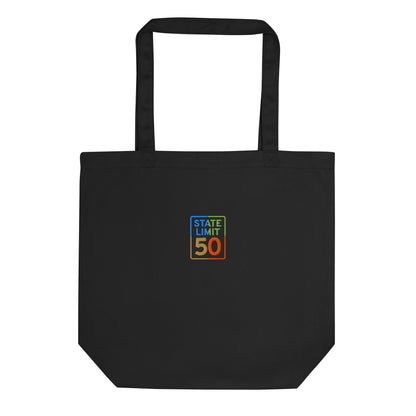 Black eco-tote bag embroidered with a 'True Colours | Canadian Pride' graphic by State Limit Apparel.
