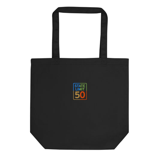 Black eco-tote bag embroidered with a 'True Colours | Canadian Pride' graphic by State Limit Apparel.