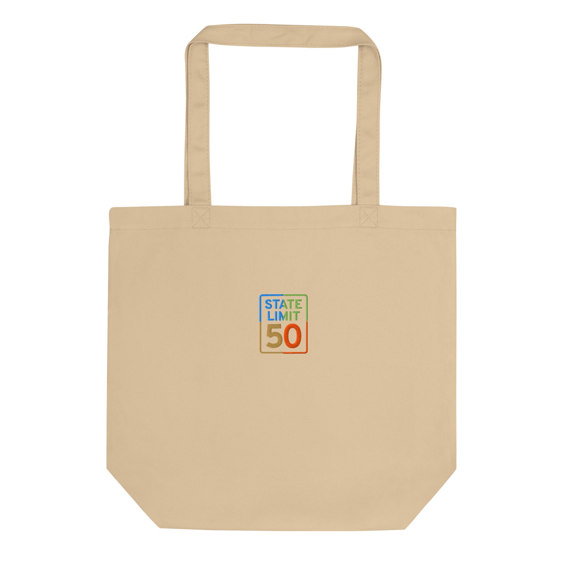 'Oyster-tan' eco-tote bag embroidered with a 'True Colours | Canadian Pride' graphic by State Limit Apparel.