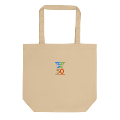 'Oyster-tan' eco-tote bag embroidered with a 'True Colours | Canadian Pride' graphic by State Limit Apparel.