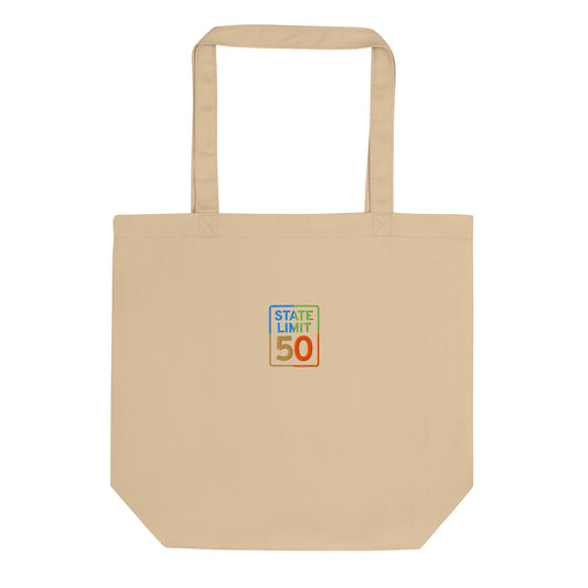 'Oyster-tan' eco-tote bag embroidered with a 'True Colours | Canadian Pride' graphic by State Limit Apparel.