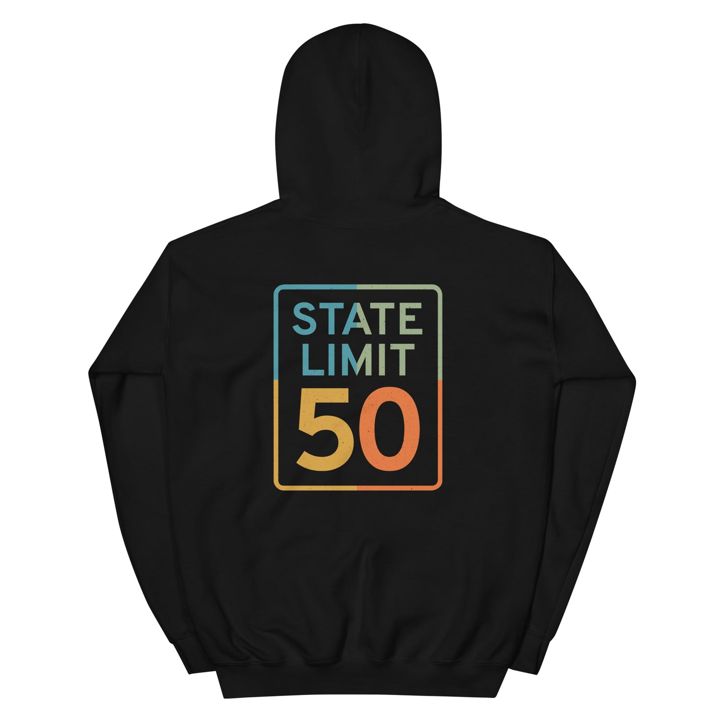 Black hoodie with a 'True Colours | Canadian Pride' road sign bold graphic on the back by State Limit Apparel.
