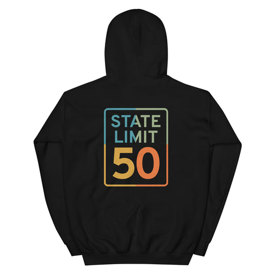 Black hoodie with a 'True Colours | Canadian Pride' road sign bold graphic on the back by State Limit Apparel.