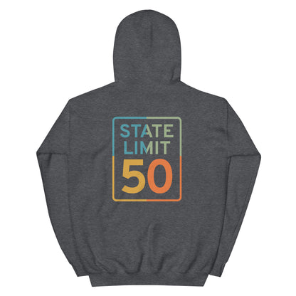 Dark Heather hoodie with a 'True Colours | Canadian Pride' road sign bold graphic on the back by State Limit Apparel.