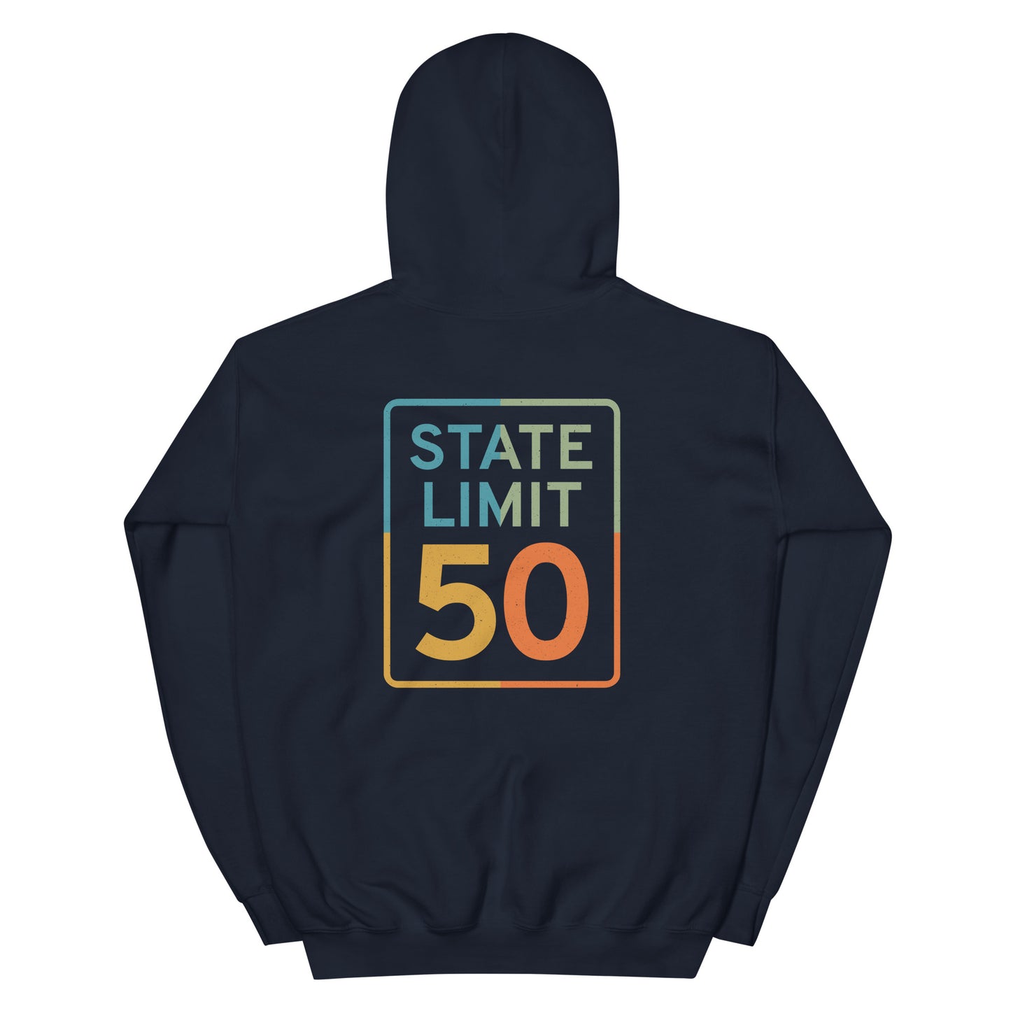 Navy blue hoodie with a 'True Colours | Canadian Pride' road sign bold graphic on the back by State Limit Apparel.