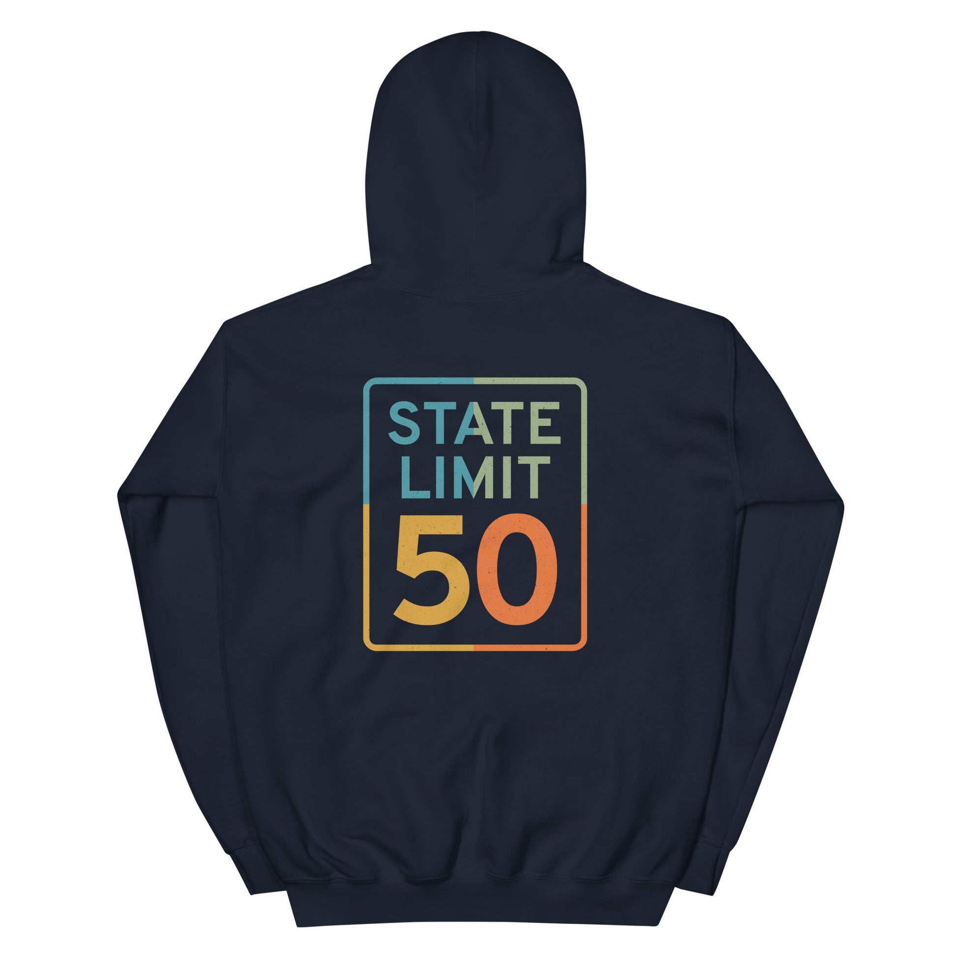 Navy blue hoodie with a 'True Colours | Canadian Pride' road sign bold graphic on the back by State Limit Apparel.