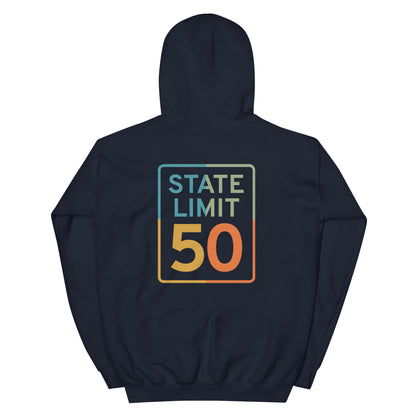 Navy blue hoodie with a 'True Colours | Canadian Pride' road sign bold graphic on the back by State Limit Apparel.