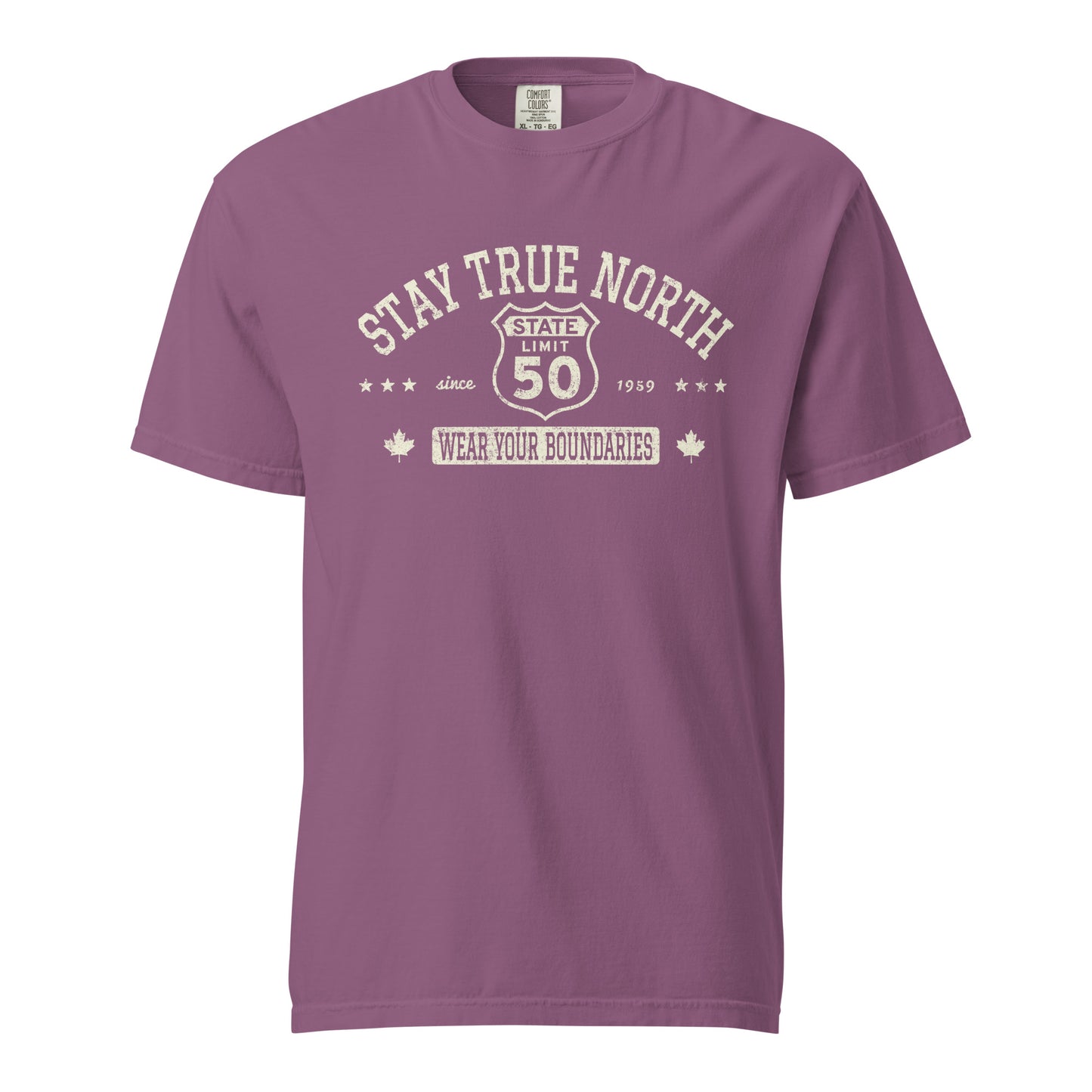 Berry graphic t-shirt with a 'Route 50 | Stay True North' road sign design by State Limit Apparel.