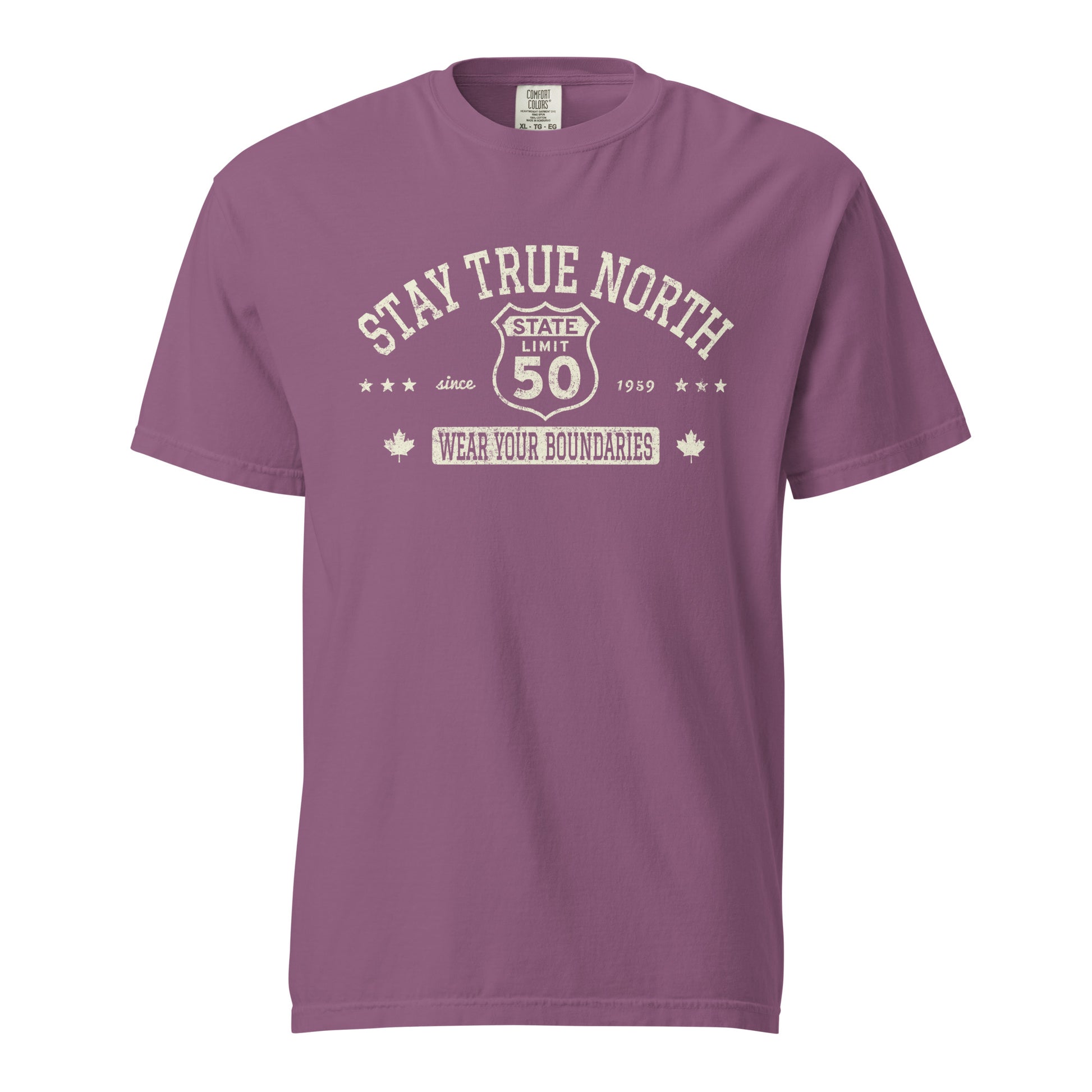 Berry graphic t-shirt with a 'Route 50 | Stay True North' road sign design by State Limit Apparel.