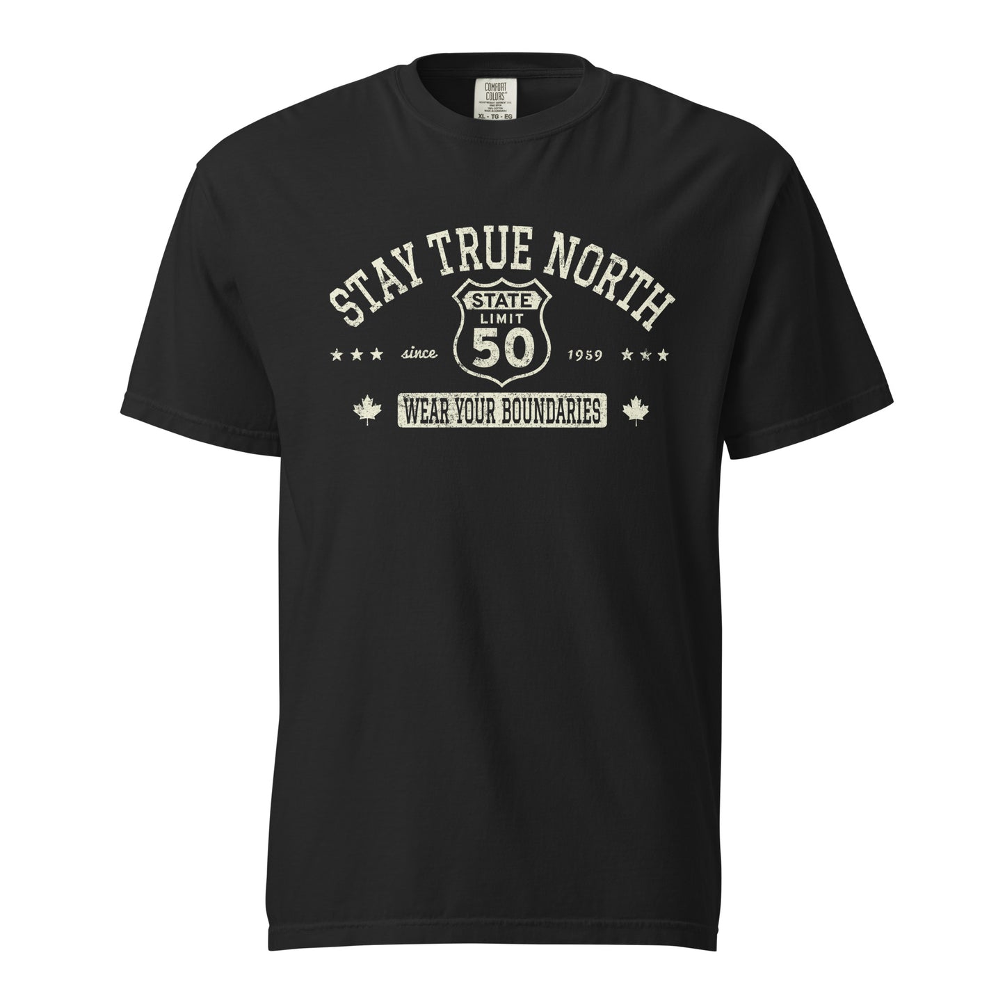 Black graphic t-shirt with a 'Route 50 | Stay True North' road sign design by State Limit Apparel.