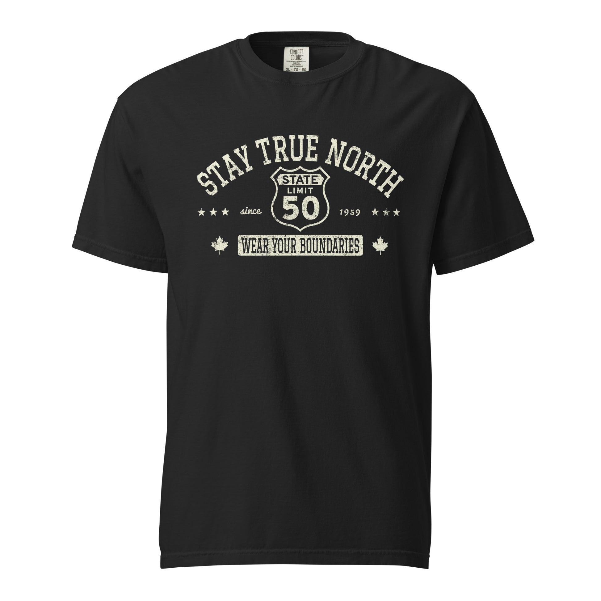 Black graphic t-shirt with a 'Route 50 | Stay True North' road sign design by State Limit Apparel.