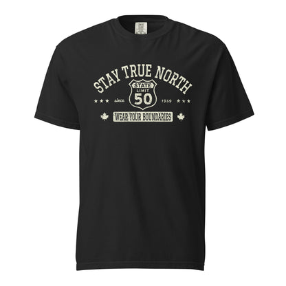 Black graphic t-shirt with a 'Route 50 | Stay True North' road sign design by State Limit Apparel.