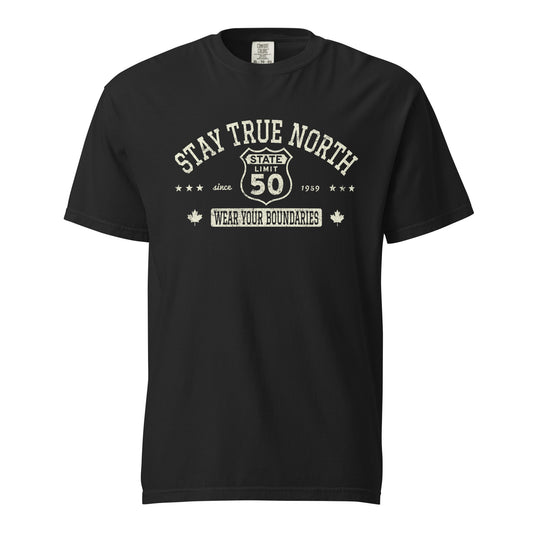 Black graphic t-shirt with a 'Route 50 | Stay True North' road sign design by State Limit Apparel.