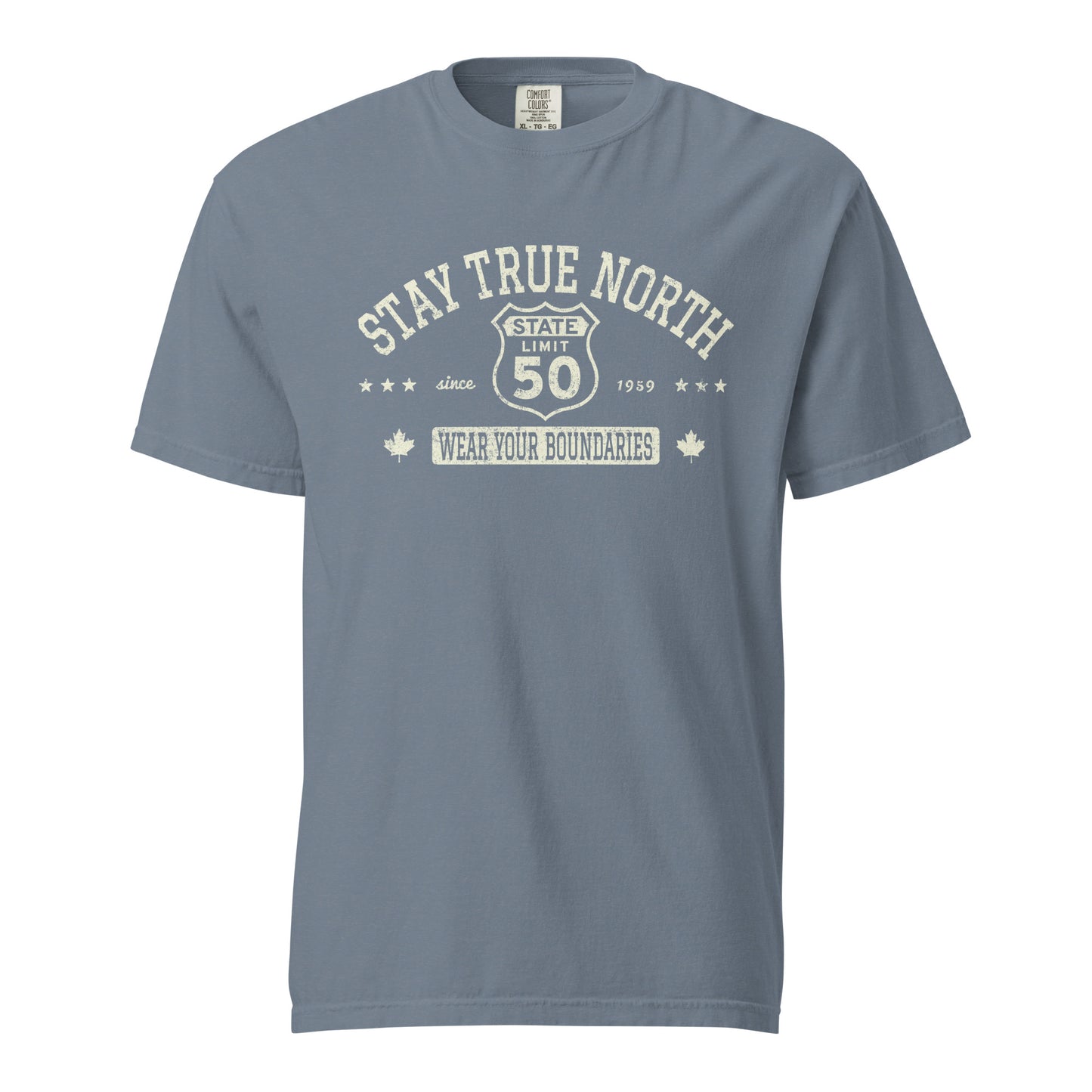 Blue Jean graphic t-shirt with a 'Route 50 | Stay True North' road sign design by State Limit Apparel.