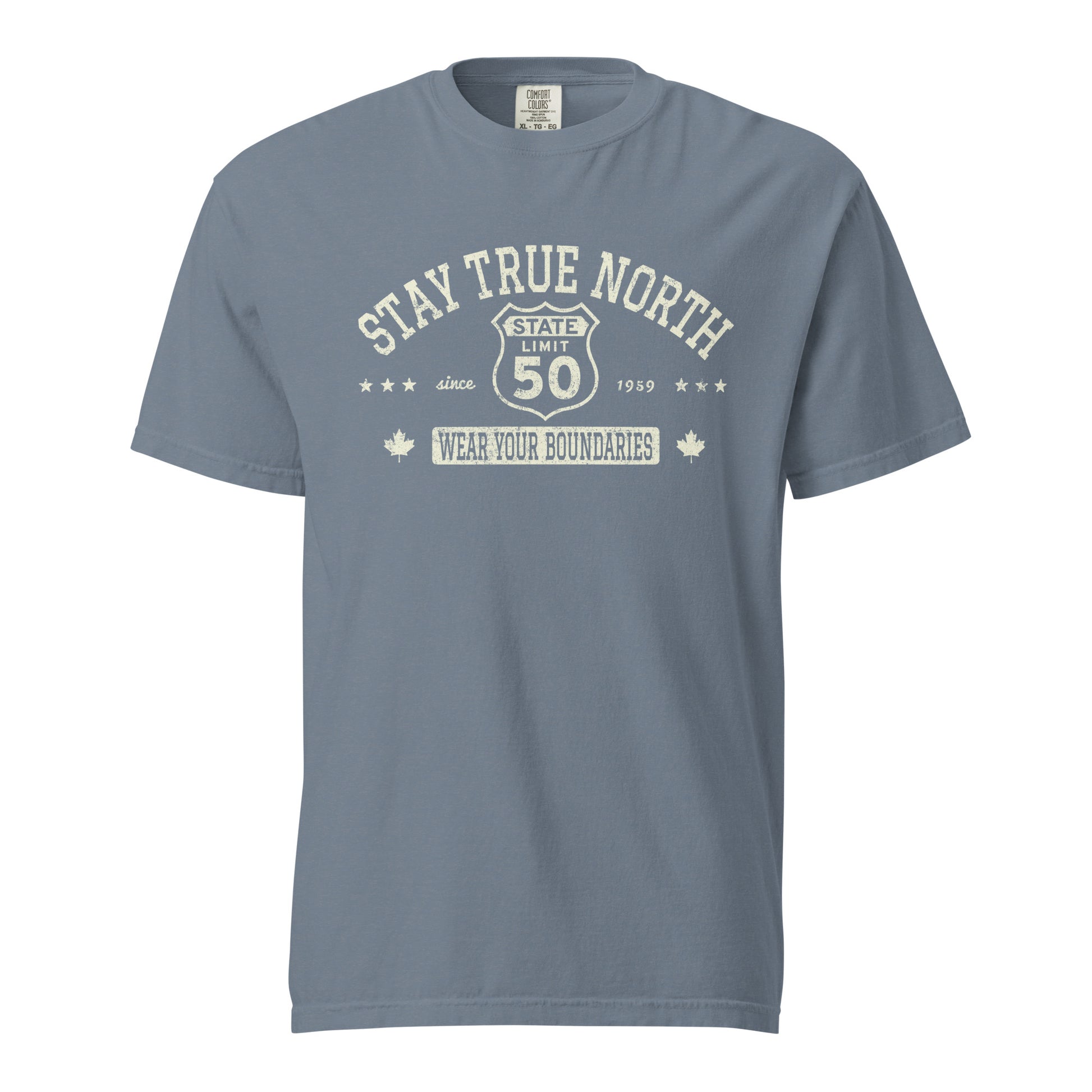 Blue Jean graphic t-shirt with a 'Route 50 | Stay True North' road sign design by State Limit Apparel.