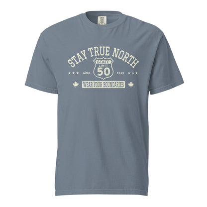 Blue Jean graphic t-shirt with a 'Route 50 | Stay True North' road sign design by State Limit Apparel.