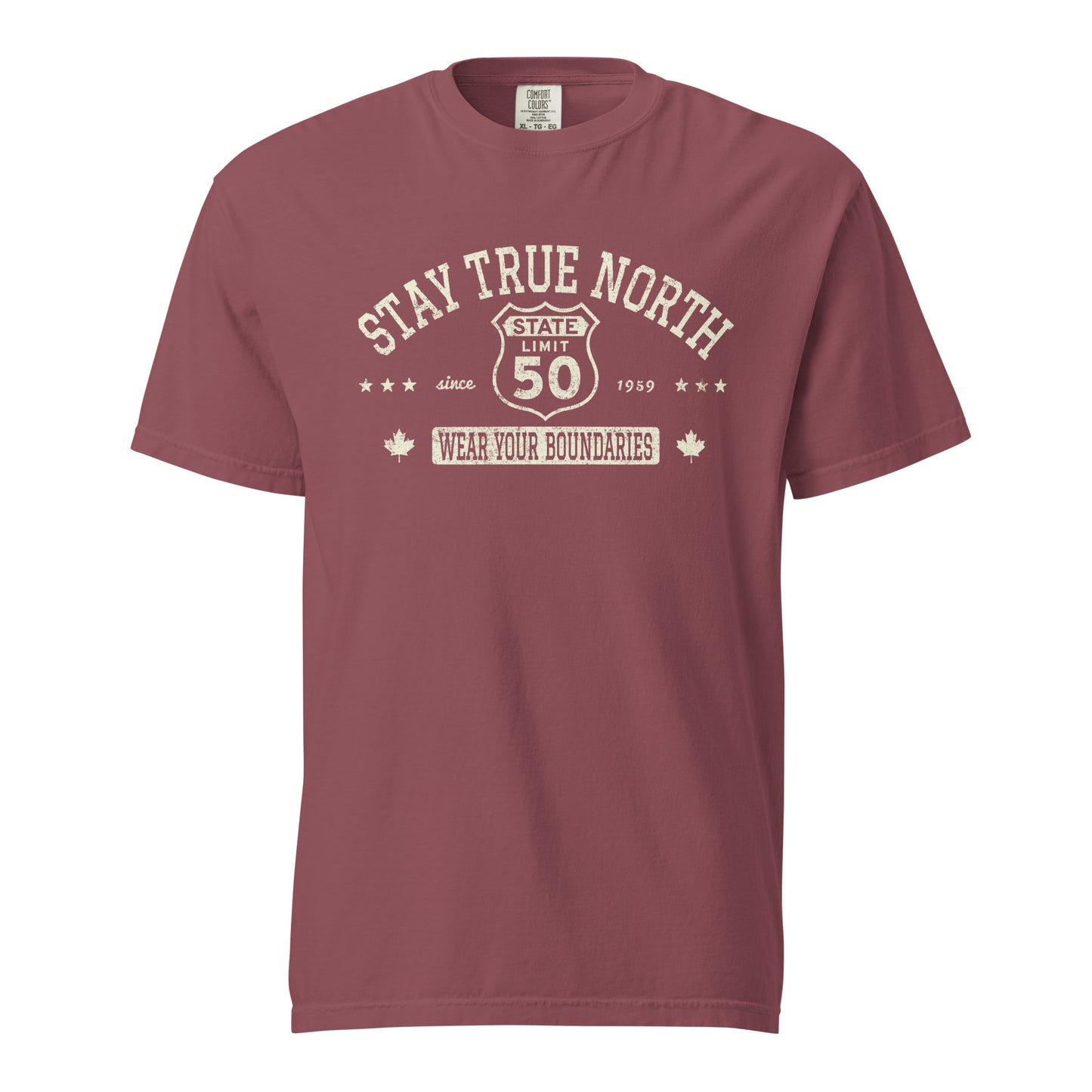 Brick graphic t-shirt with a 'Route 50 | Stay True North' road sign design by State Limit Apparel.