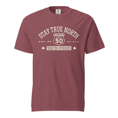 Brick graphic t-shirt with a 'Route 50 | Stay True North' road sign design by State Limit Apparel.