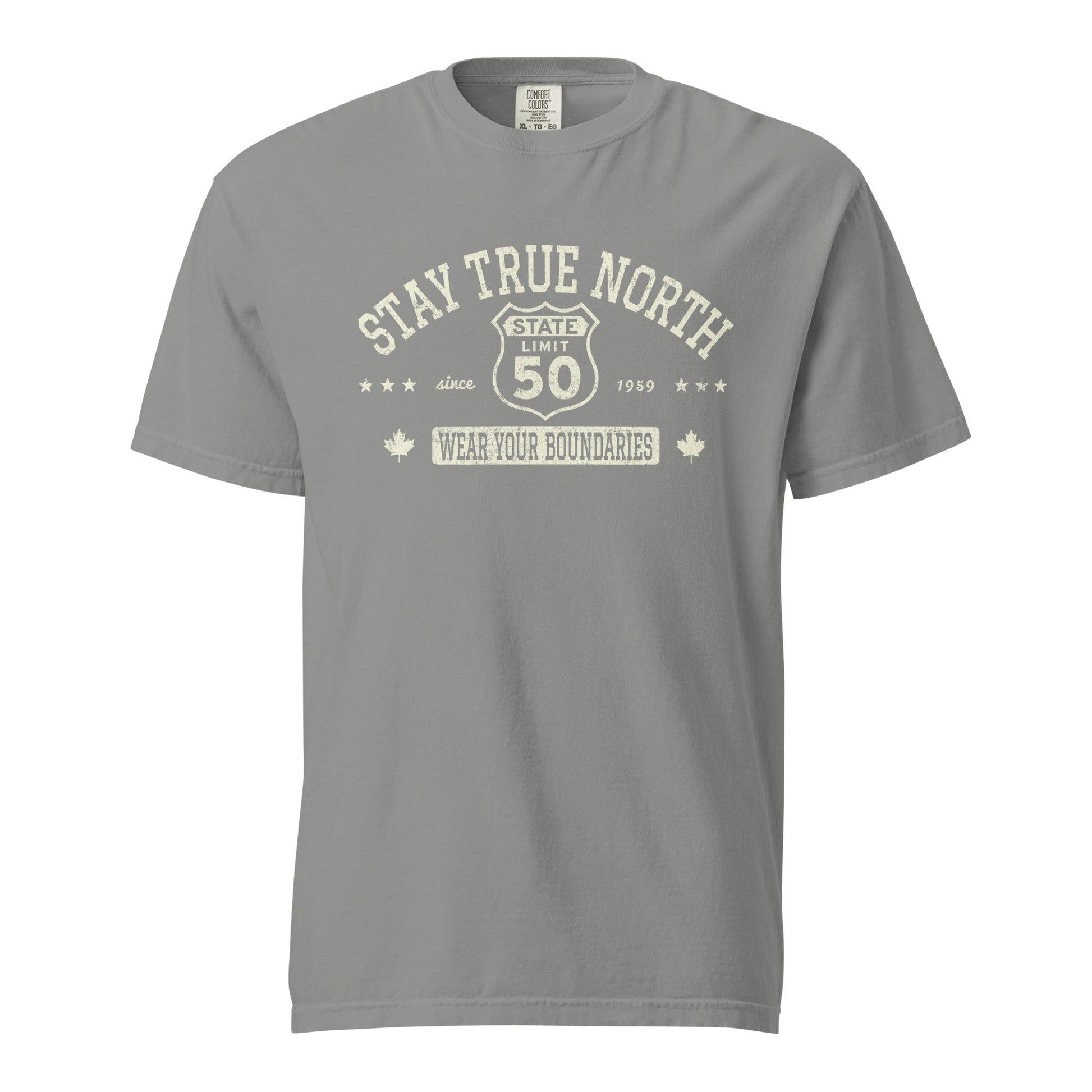Grey graphic t-shirt with a 'Route 50 | Stay True North' road sign design by State Limit Apparel.