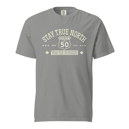 Grey graphic t-shirt with a 'Route 50 | Stay True North' road sign design by State Limit Apparel.