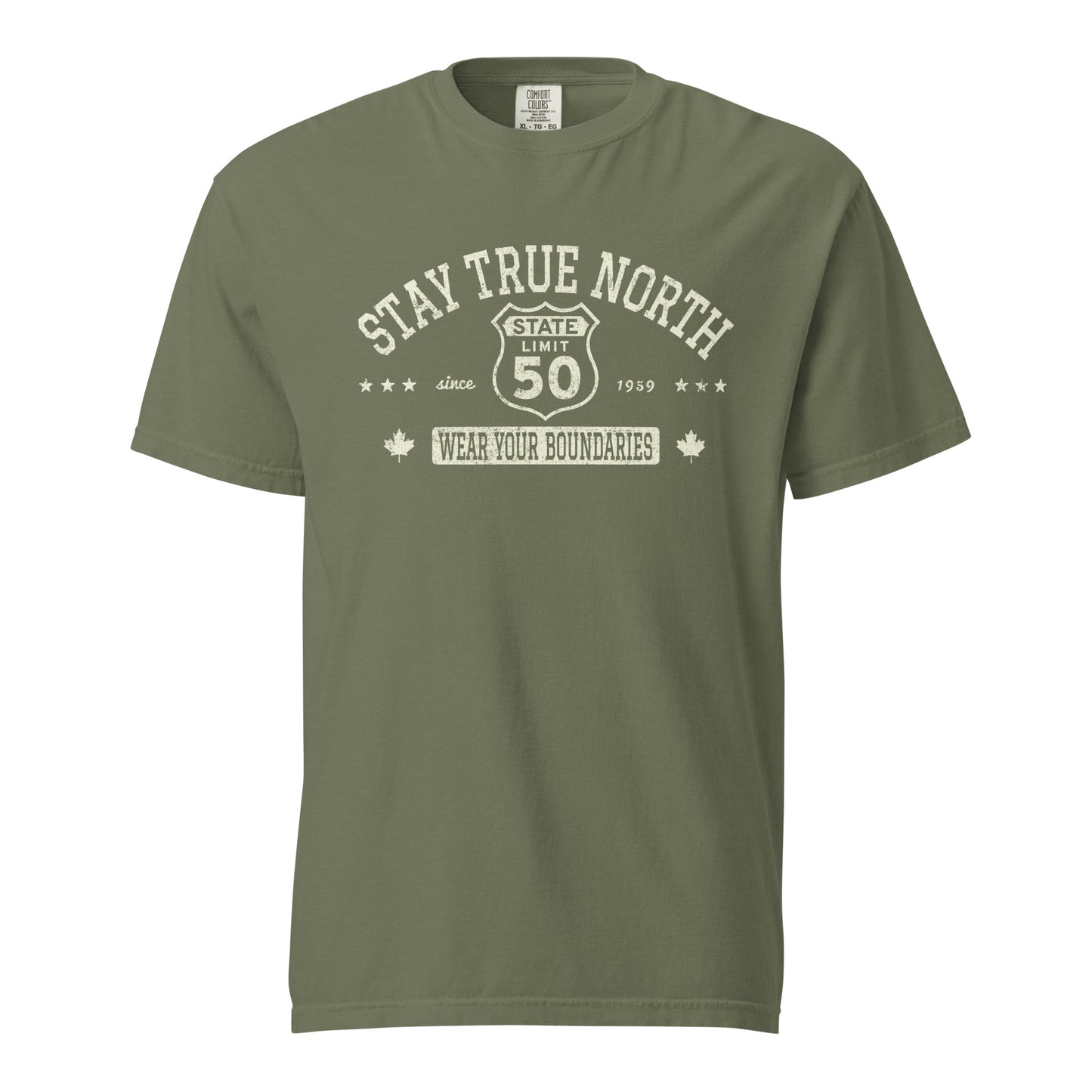 Moss graphic t-shirt with a 'Route 50 | Stay True North' road sign design by State Limit Apparel.