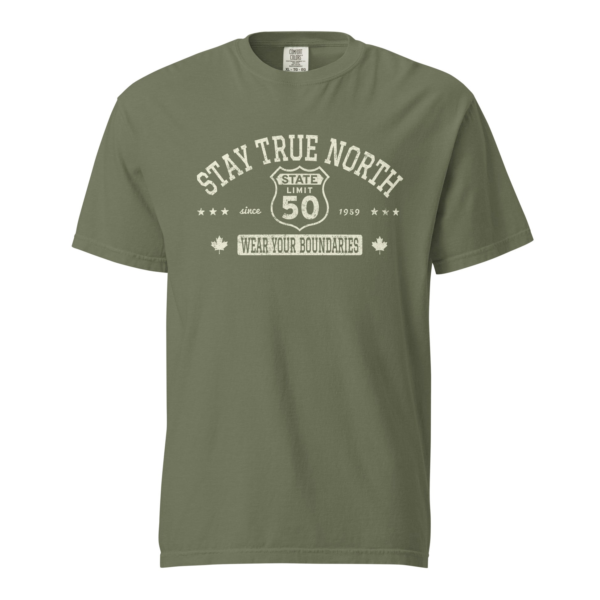 Moss graphic t-shirt with a 'Route 50 | Stay True North' road sign design by State Limit Apparel.