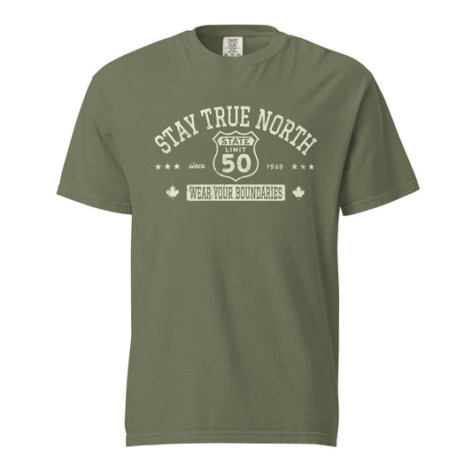 Moss graphic t-shirt with a 'Route 50 | Stay True North' road sign design by State Limit Apparel.