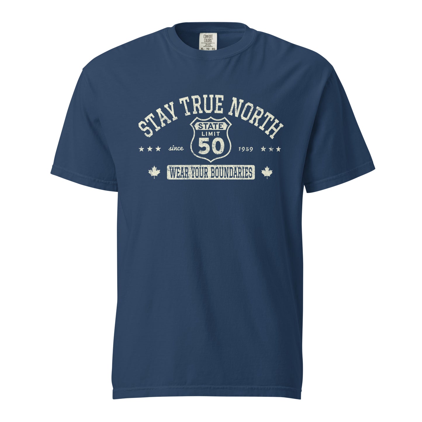 True Navy graphic t-shirt with a 'Route 50 | Stay True North' road sign design by State Limit Apparel.