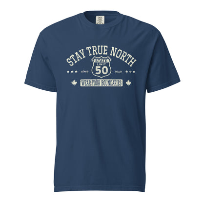 True Navy graphic t-shirt with a 'Route 50 | Stay True North' road sign design by State Limit Apparel.