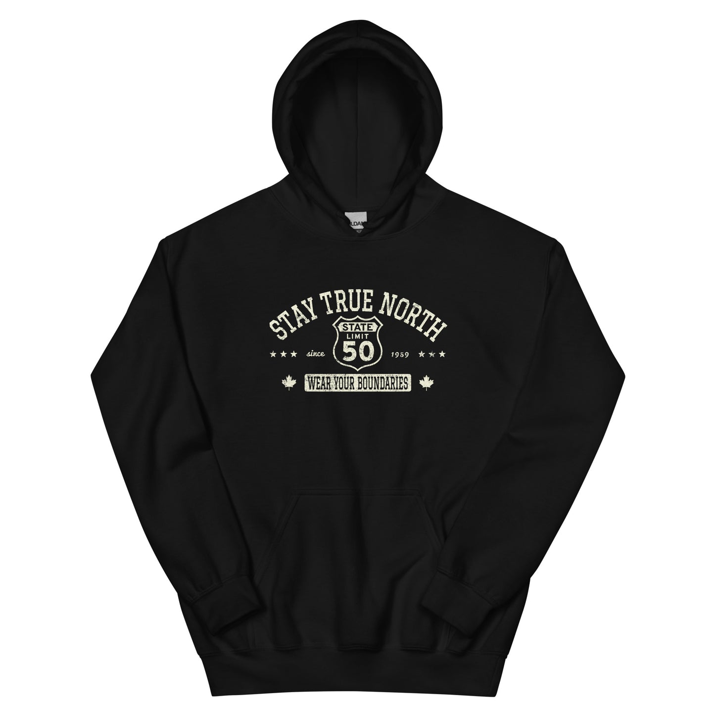 Black graphic hoodie with a 'Route 50 | Stay True North' road sign inspired design by State Limit Apparel.