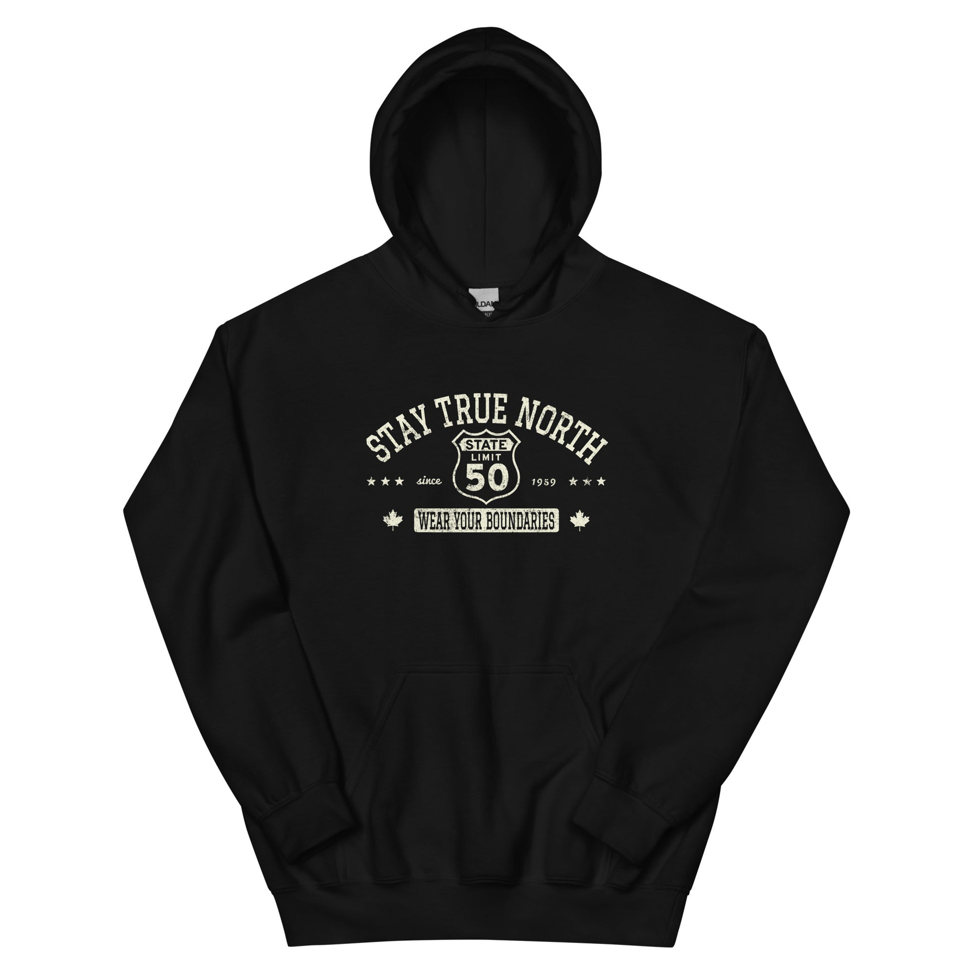 Black graphic hoodie with a 'Route 50 | Stay True North' road sign inspired design by State Limit Apparel.