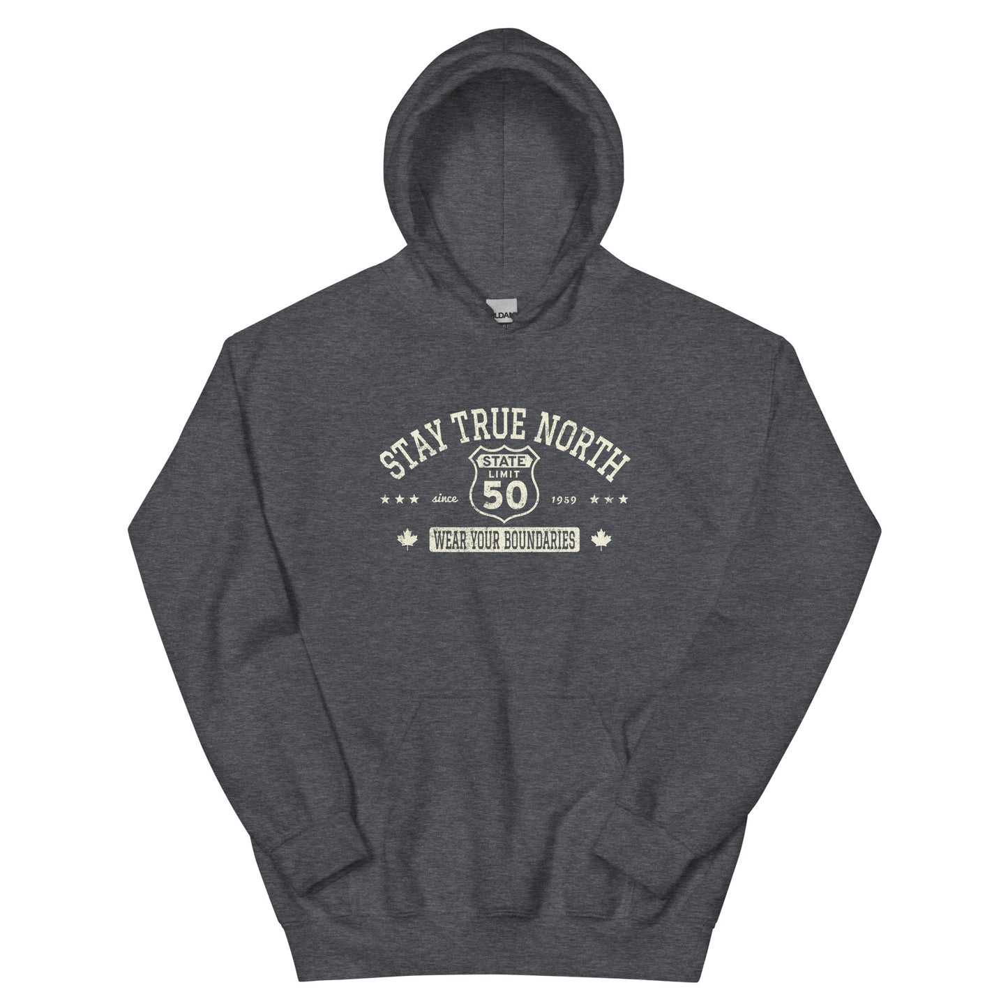 Dark Heather graphic hoodie with a 'Route 50 | Stay True North' road sign inspired design by State Limit Apparel.