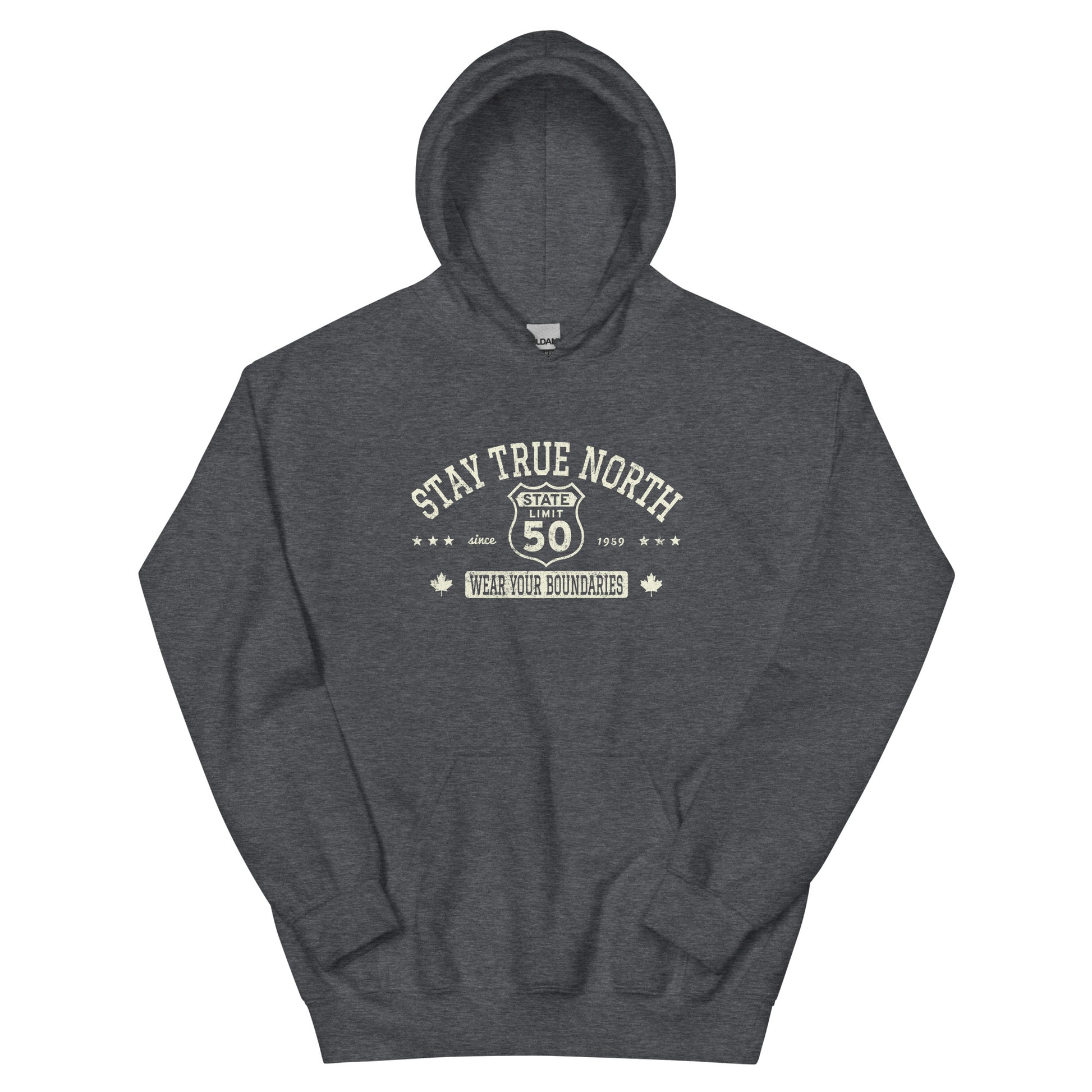 Dark Heather graphic hoodie with a 'Route 50 | Stay True North' road sign inspired design by State Limit Apparel.