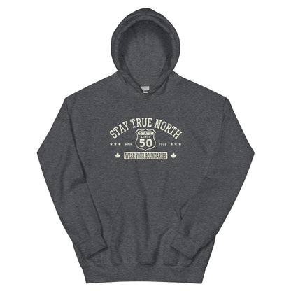 Dark Heather graphic hoodie with a 'Route 50 | Stay True North' road sign inspired design by State Limit Apparel.