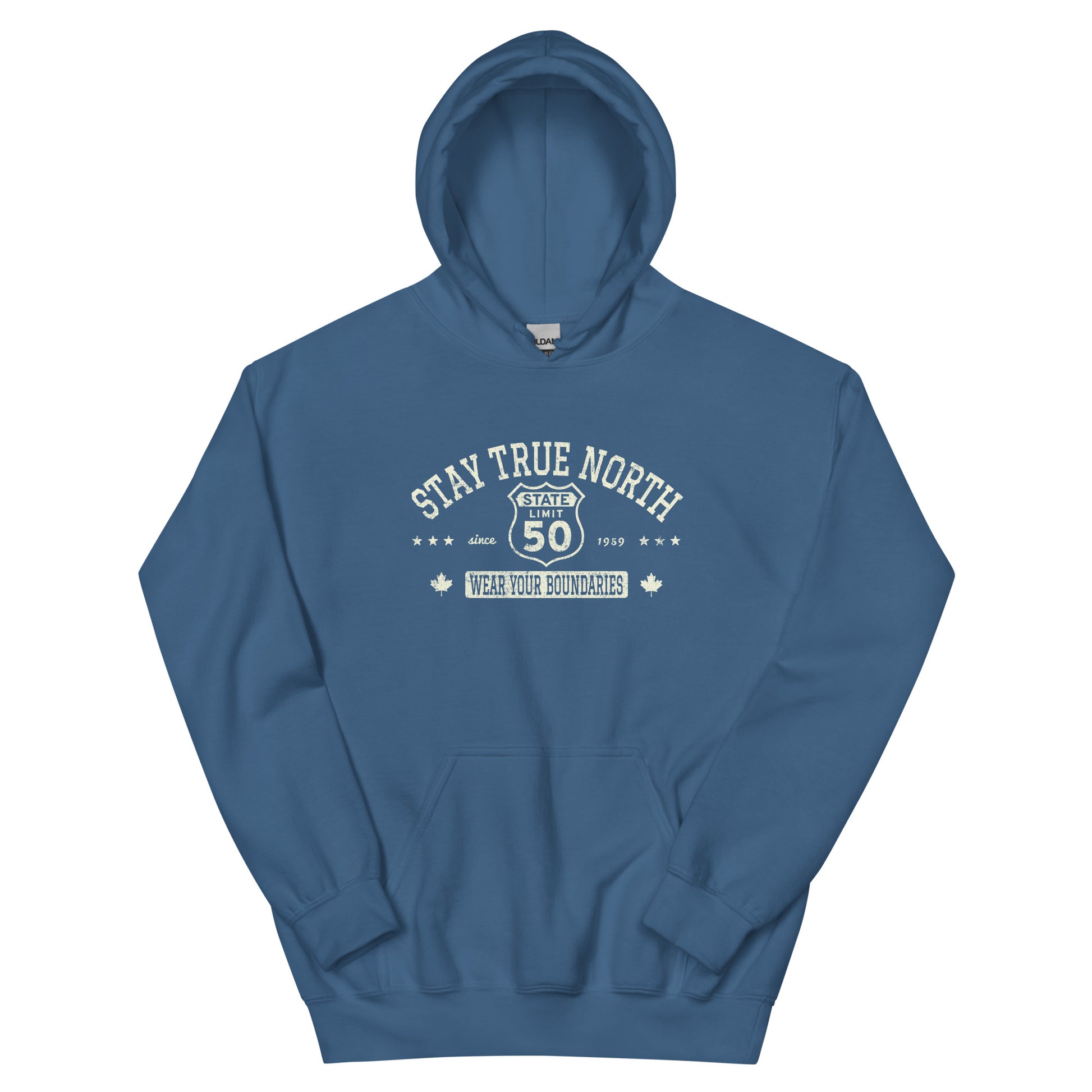 Indigo Blue graphic hoodie with a 'Route 50 | Stay True North' road sign inspired design by State Limit Apparel.