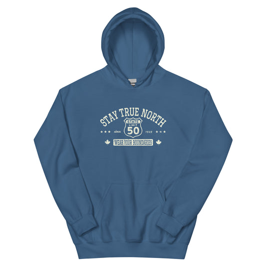 Indigo Blue graphic hoodie with a 'Route 50 | Stay True North' road sign inspired design by State Limit Apparel.