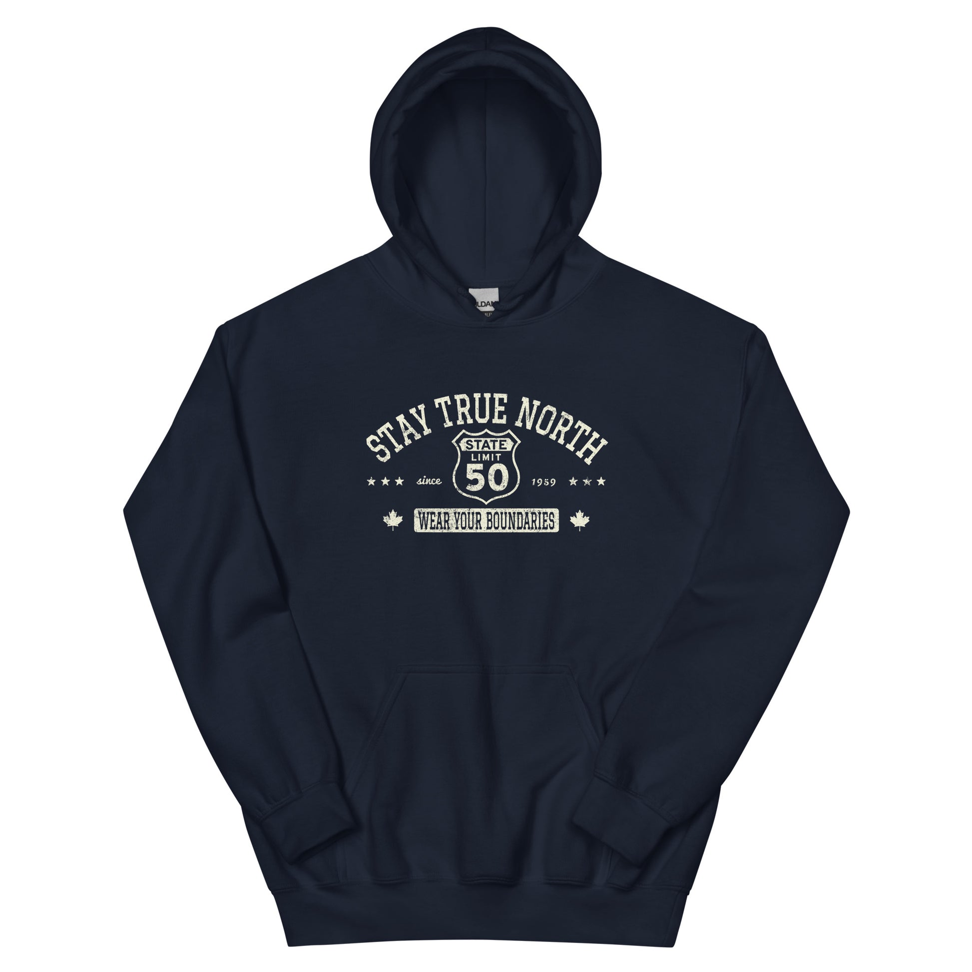 Navy blue graphic hoodie with a 'Route 50 | Stay True North' road sign inspired design by State Limit Apparel.
