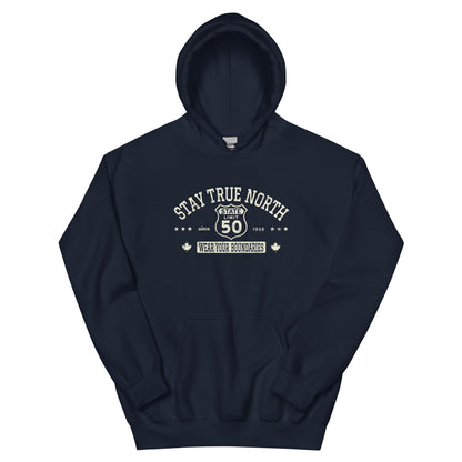 Navy blue graphic hoodie with a 'Route 50 | Stay True North' road sign inspired design by State Limit Apparel.