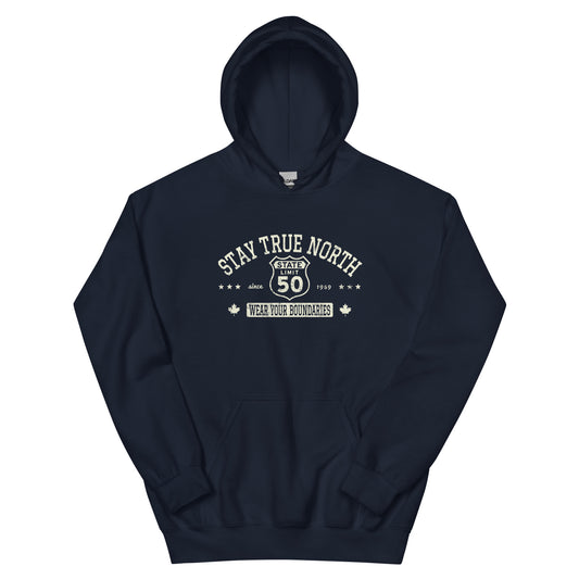 Navy blue graphic hoodie with a 'Route 50 | Stay True North' road sign inspired design by State Limit Apparel.