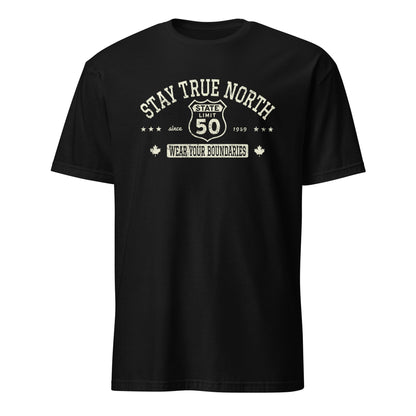 Black graphic t-shirt with a 'Route 50 | Stay True North' road sign design by State Limit Apparel.