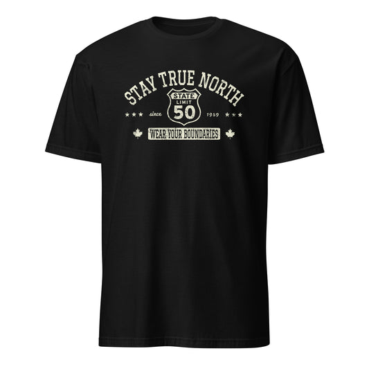 Black graphic t-shirt with a 'Route 50 | Stay True North' road sign design by State Limit Apparel.