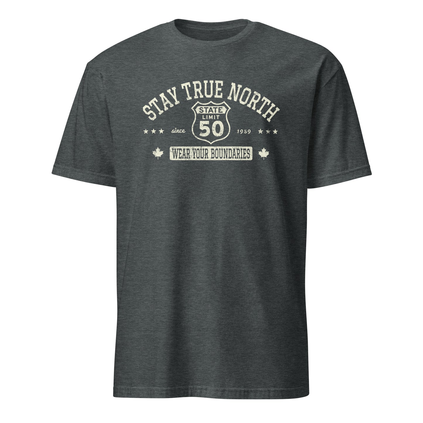 Dark Heather graphic t-shirt with a 'Route 50 | Stay True North' road sign design by State Limit Apparel.