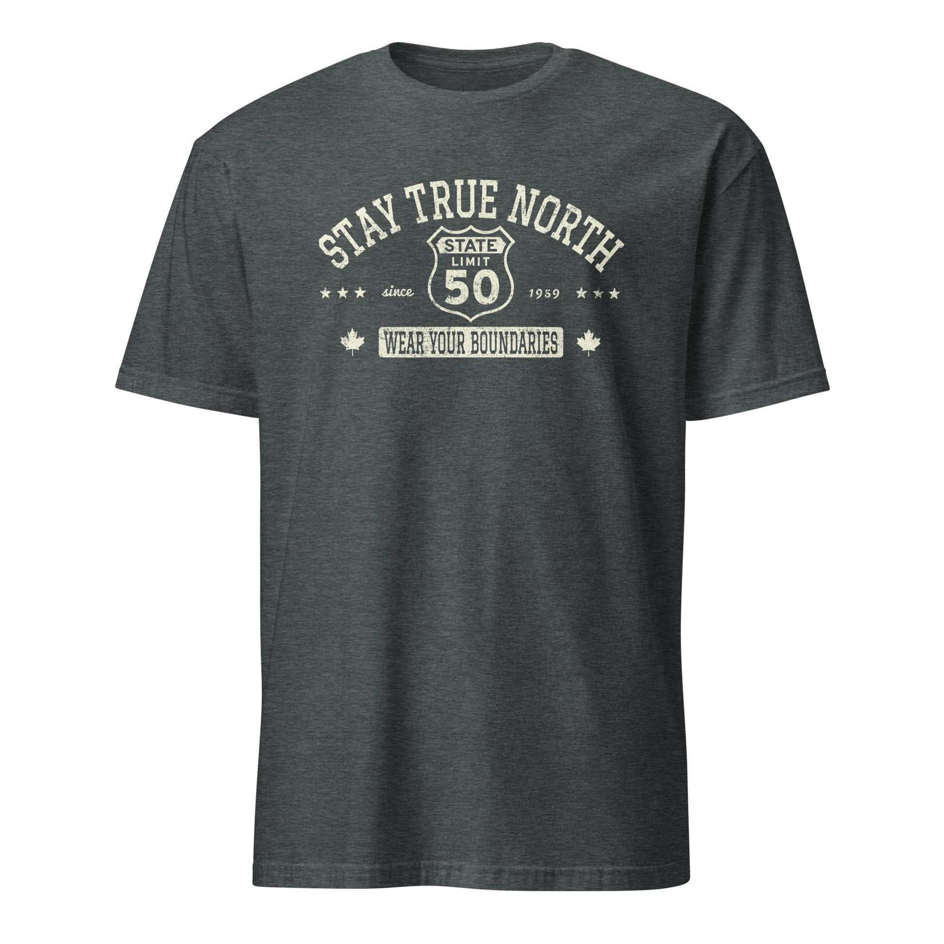 Dark Heather graphic t-shirt with a 'Route 50 | Stay True North' road sign design by State Limit Apparel.