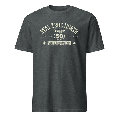 Dark Heather graphic t-shirt with a 'Route 50 | Stay True North' road sign design by State Limit Apparel.