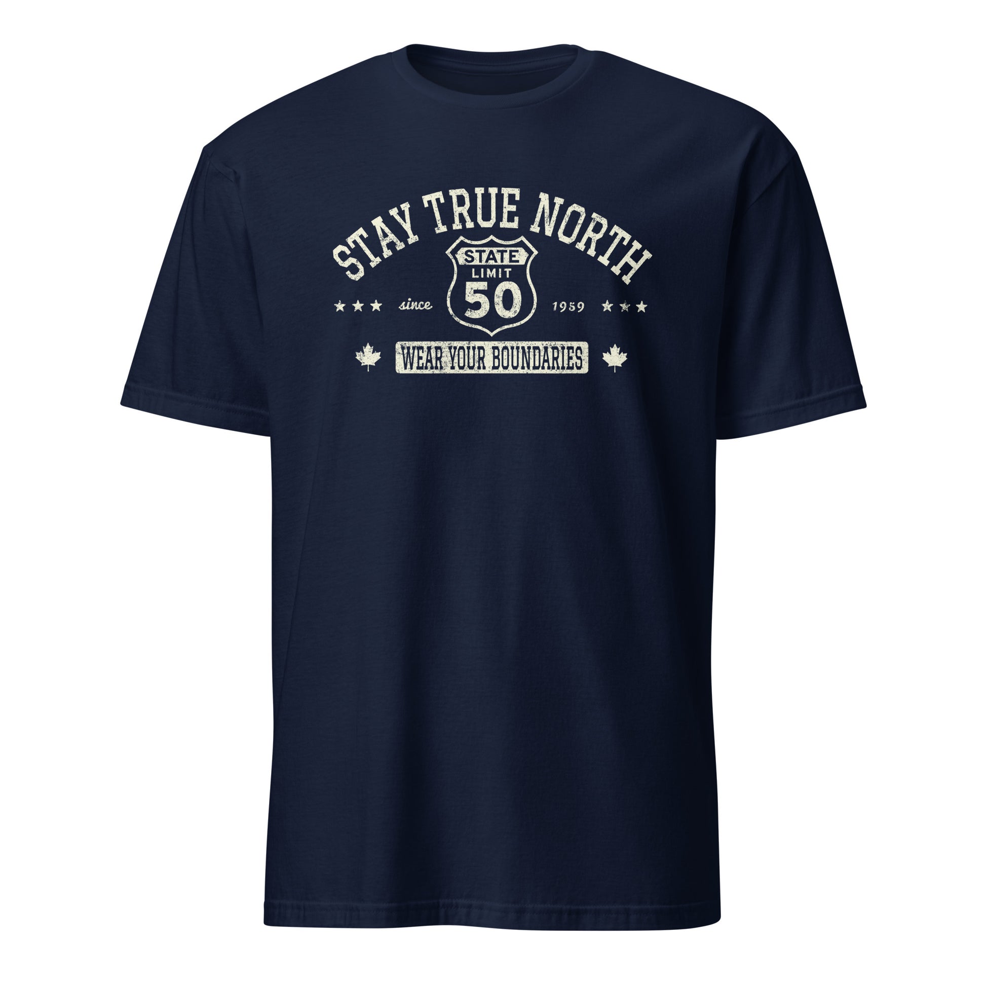 Navy blue graphic t-shirt with a 'Route 50 | Stay True North' road sign design by State Limit Apparel.